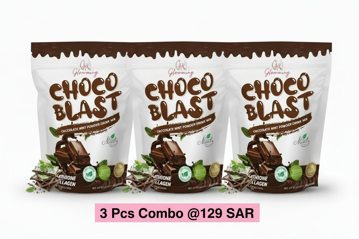 Bag of Choco Blast chocolate protein powder with a chocolate bar and green leaf graphics on a white background.